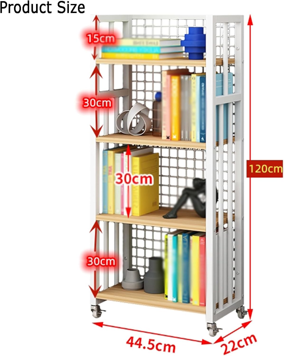 4 Cube Bookshelf, Home Multi-Layer Side Table with Wheels,for Living Room, Study Room, Reading Corner (44.5 X 22 X 120cm)(Black+Black) (White+Light Walnut One Size)
