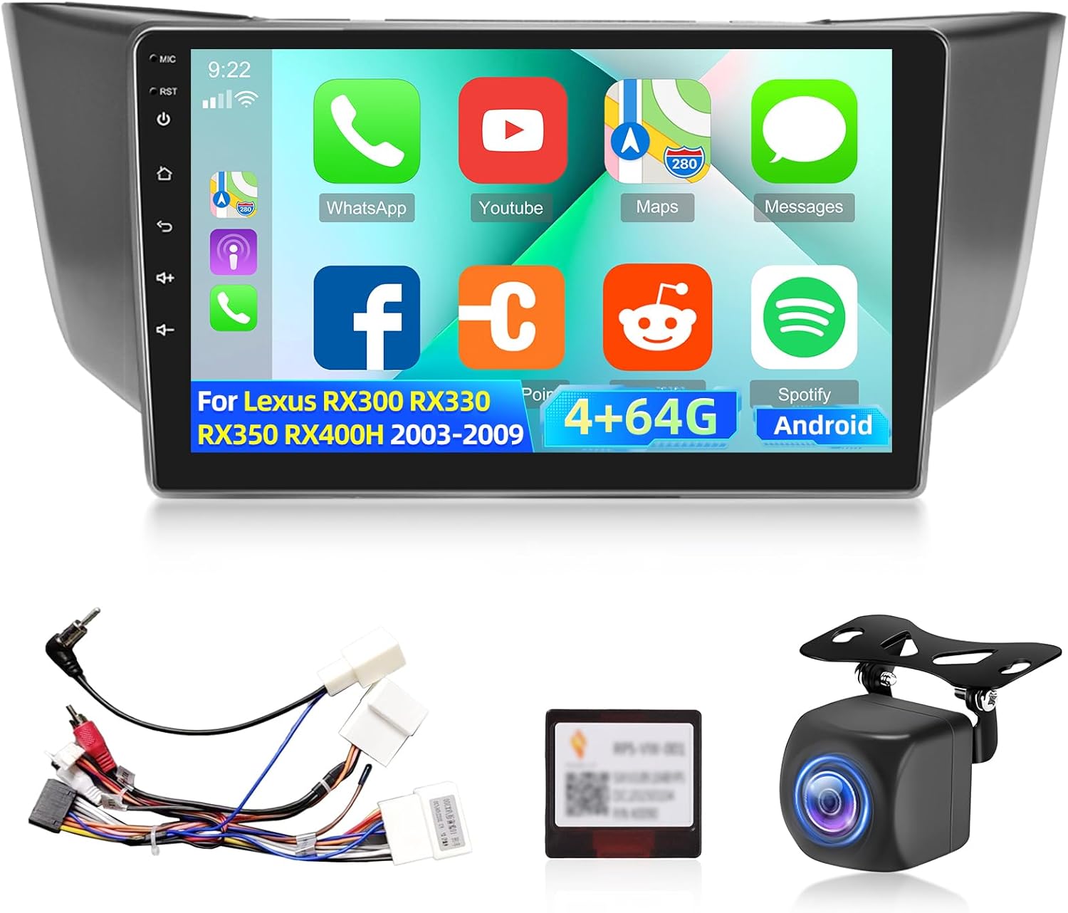 [Qualcomm 8 Core 4+64G] Car Radio for Lexus RX300 RX330 RX350 RX400H 2003-2009 - 9 Inch IPS Touchscreen Android Car Stereo with Wireless Carplay and Android Auto/DSP/GPS/SWC + AHD Backup Camera