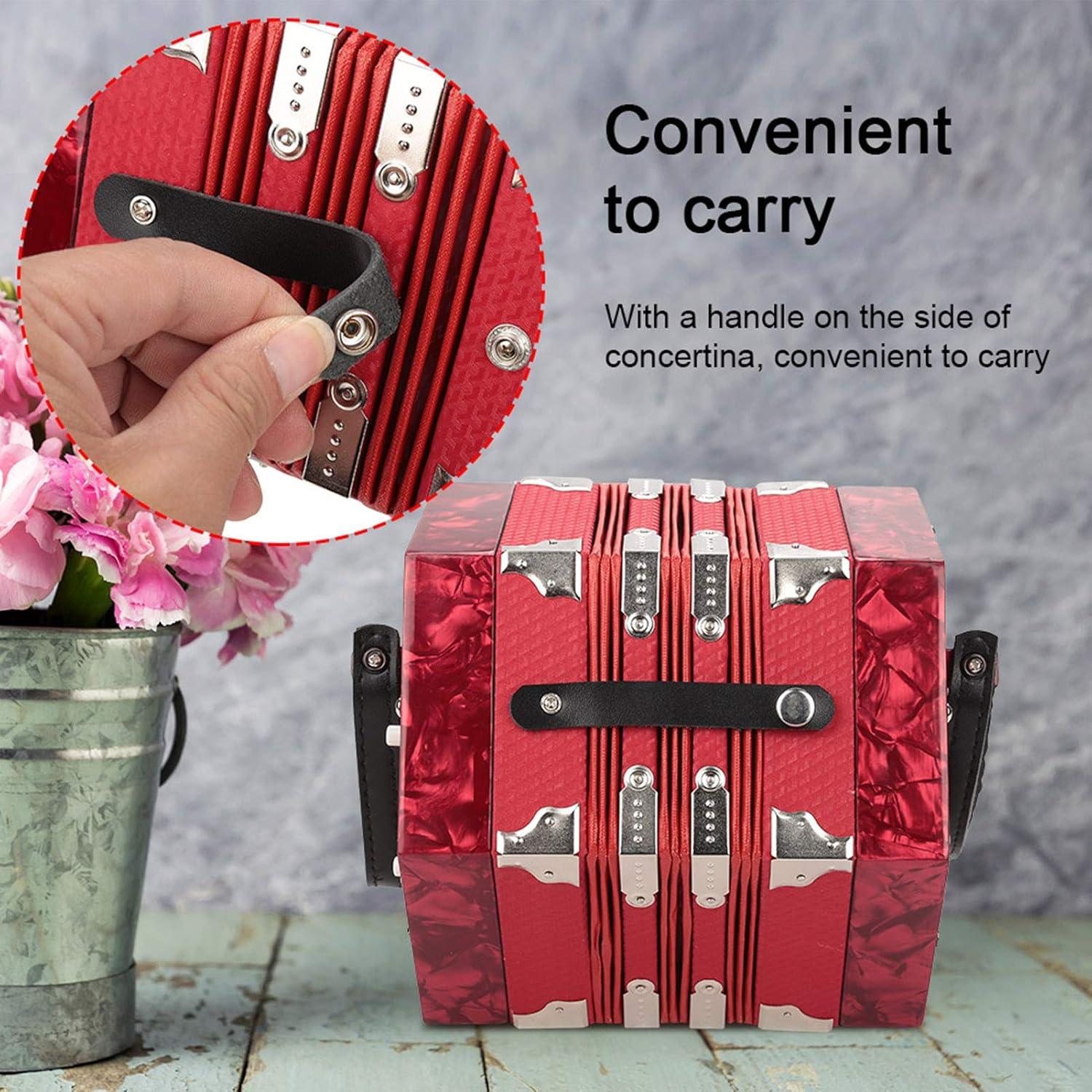 Professional Concertina, 20 Buttons Accordion with Strap and Carrying Bag Beginner Musical Instrument for Daily Practice Stage Performance(Red)