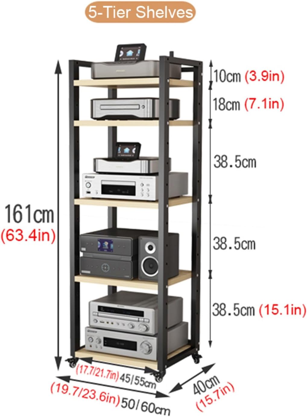 Movable Media Stand 5/6/7/8-Tier AV Component Cabinet Media Stand, Corner TV Stand Stereo Rack Audio Tower