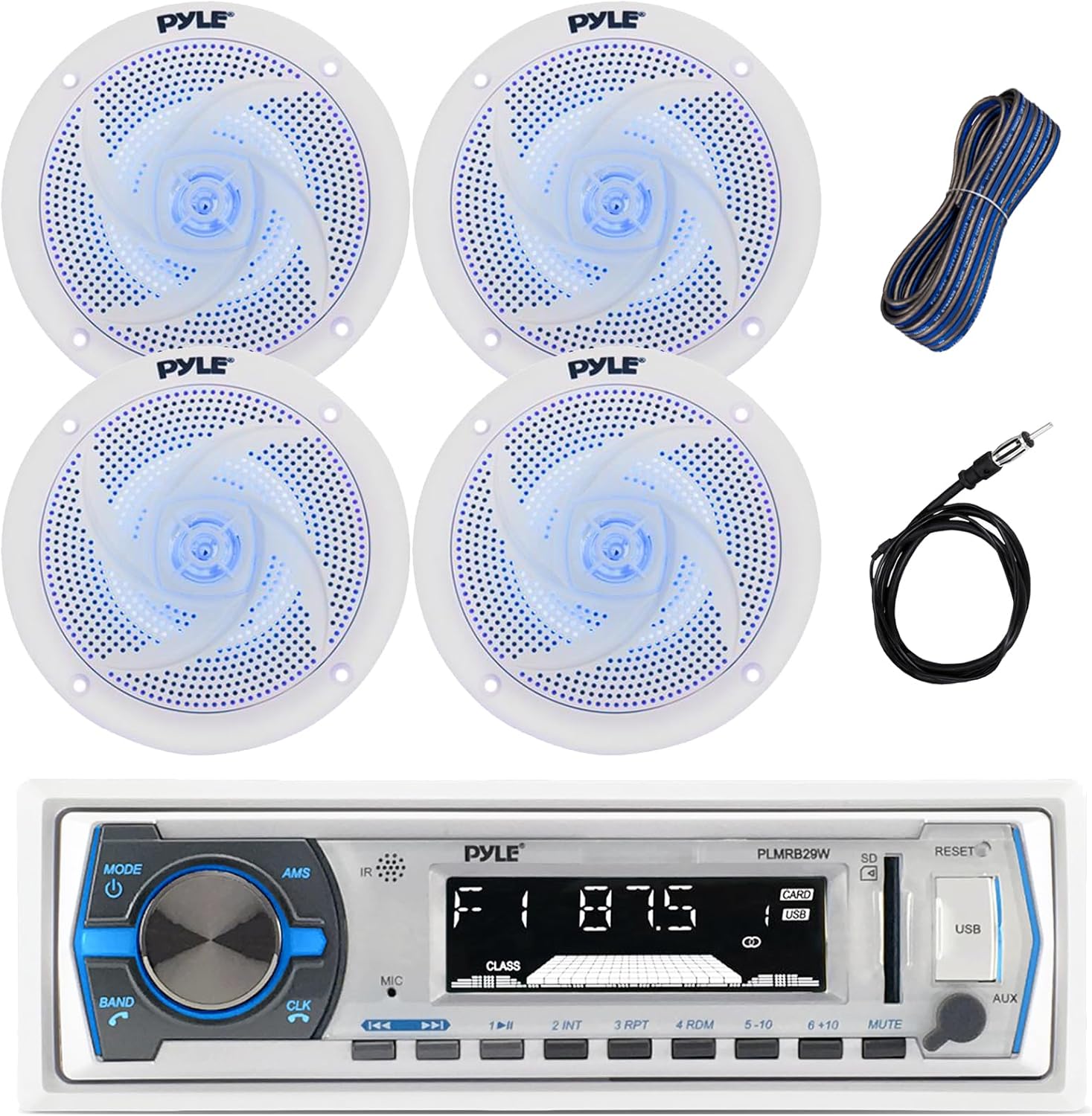 Pyle Single DIN Marine Bluetooth USB/AM/FM Stereo Receiver with Remote Control, 4x 6.5'' 240 Watt Peak Power Marine Blue Light LED White Speakers, 16-Gauge 50 Ft Speaker Wire, 40