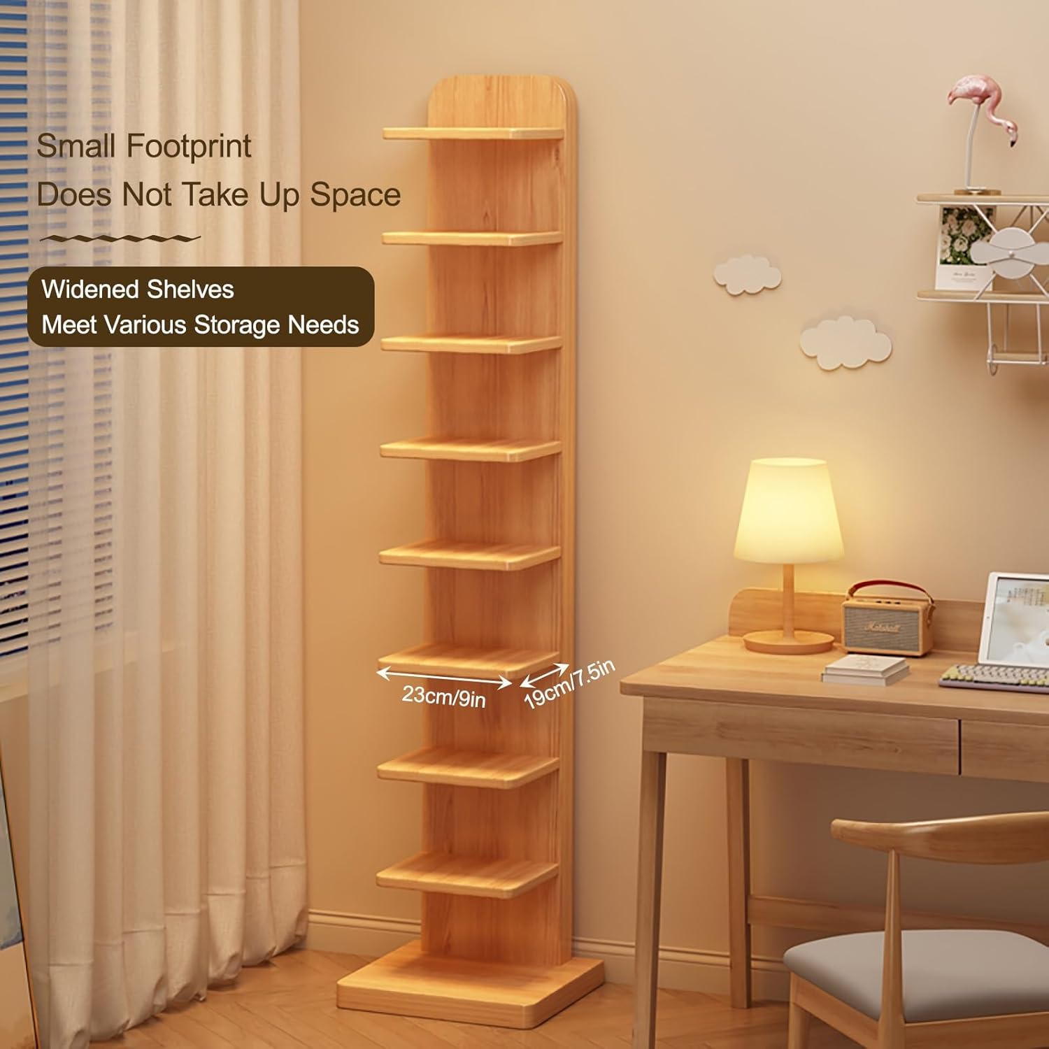 Vertical Spine Bookshelf Tower Solid Wood Open Book Shelf, 5/9-Tier Spine Book Tower Invisible Floating Storage Shelves, Small Bookcase for Small Space(Yellow,87cm/34in)
