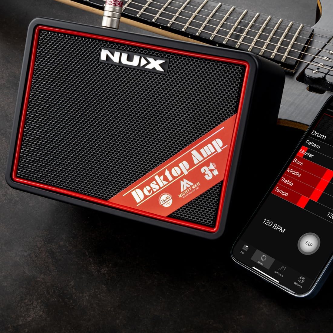 NUX Mighty Lite BT MKII Guitar Amp, 3W Electric Guitar/Bass Amplifier with Clean/Overdrive/Distortion Channel，7 Presets，512 Samples IR, Built in Drum Machine, Desktop Amplifier with Bluetooth