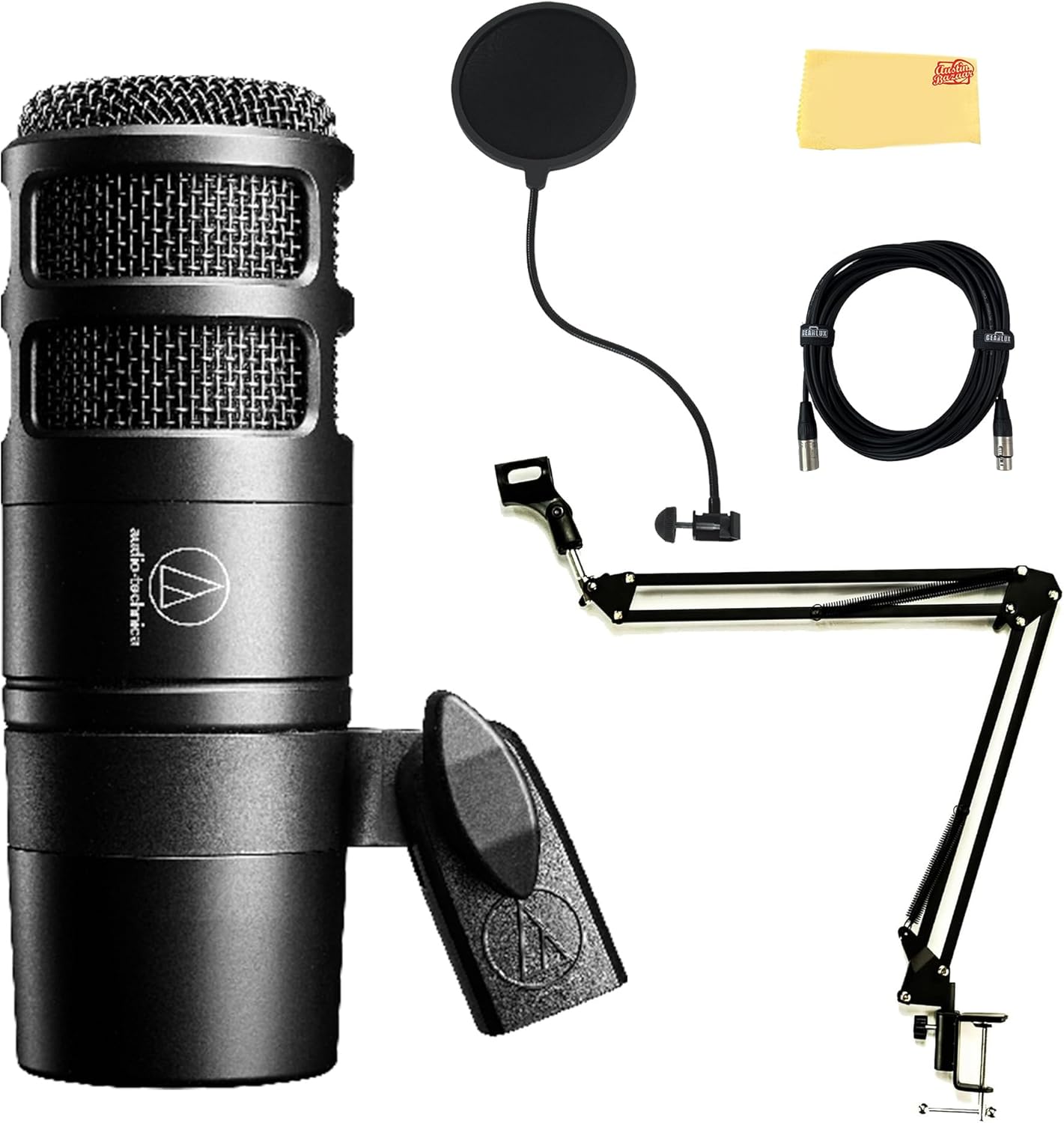 Audio-Technica AT2040 Hypercardioid Dynamic Podcast Microphone Bundle with Pop Filter, Boom Arm, XLR Cable, and Austin Bazaar Polishing Cloth