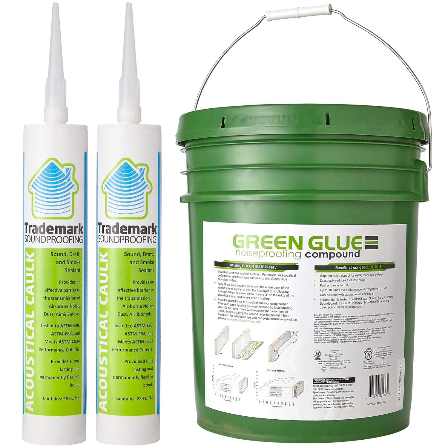 Green Glue Soundproofing Compound, 5-Gallon Bucket with Two Acoustic Caulk Sealant Tubes of 29 oz - Bundle for Noise Reduction and Sound Proofing Acoustic Treatment.