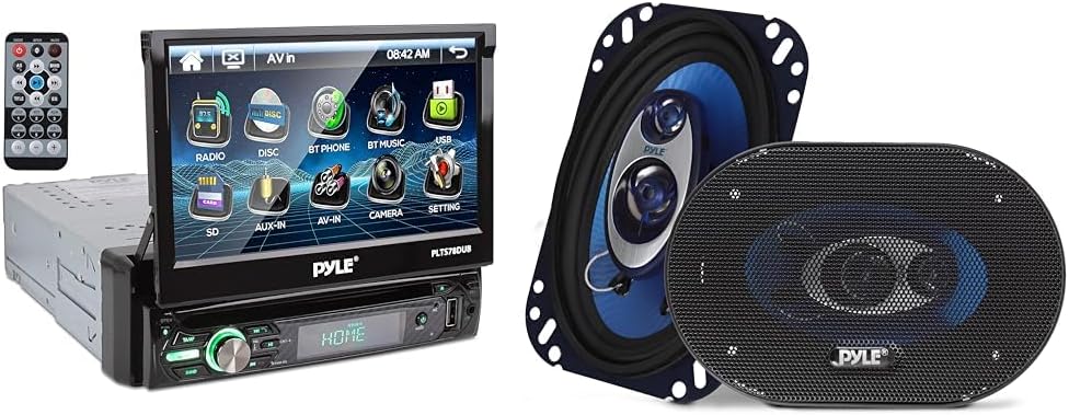 Pyle Single DIN Head Unit Receiver - in-Dash Car Stereo with 7” Multi-Color Touchscreen Display & Pyle 4'' x 6'' Three Way Sound Speaker System - Pro Mid Range Triaxial Loud Audio 240 Watt per Pair