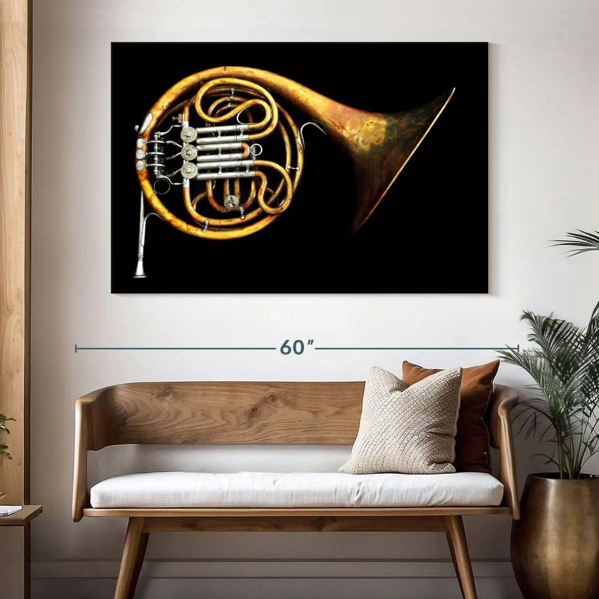 ElephantStock - Vintage French Horn Wall Art - Horizontal Canvas Wall Art - Living Room Wall Decor - Photography Music Canvas Art - Black And Gold Decor - 51