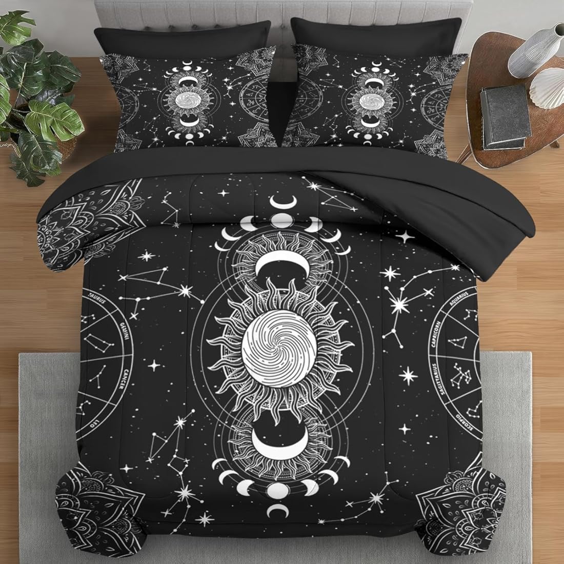 Comforter Set Queen Size, Sun Moon Tarot Vintage 7 Pcs Bedding for Kids and Adults, Boho Bohemian Retro Bed Sheet Sets with Fitted Sheet 2 Pillowcases & 2 Shams for Bedroom Bed Decor