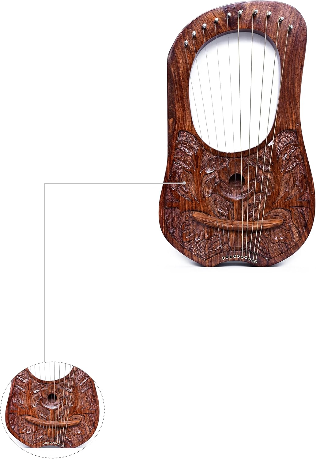 KZA Scottish Lyre Harp 10 Metal Strings Engraved Wood With Free Carrying Bag & Key Natural Finish,Rosewood hand made