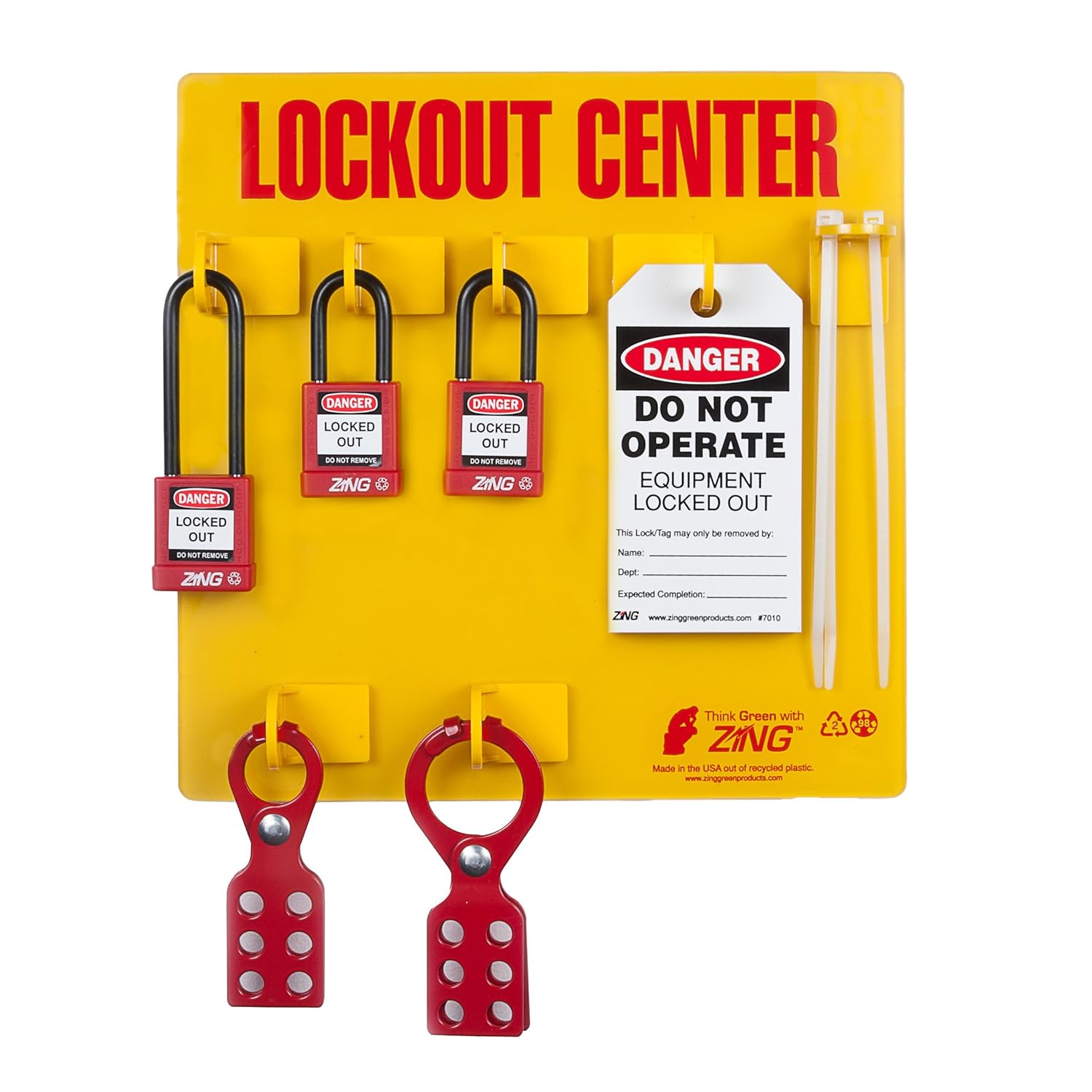 Zing Green Products 7113 RecycLockout 3-Padlock Lockout Tagout Board Station, 11 x 11 x 1.75 Inch, Yellow
