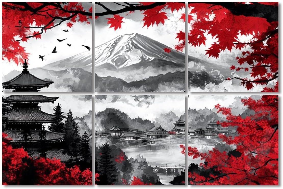 6 Pack Art Acoustic Panels Sound Absorbing Black And White Pop Of Red Japanese Temple Autumn Fall Landscape Mount Decorative Soundproof Wall Panels Self Adhesive for Recording Studios Office 72
