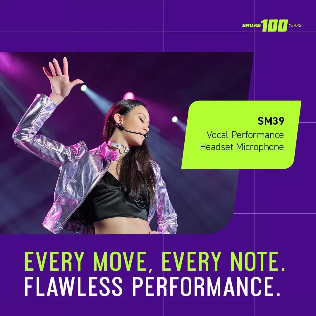 Shure SM39 Headset Microphone - Vocal Performance Cardioid Headworn Mic compatible with Axient Digital, Secure Low Profile Fit, Ergonomic Design, Indoor/Outdoor Windscreens, Sweat Resistant (SM39-LM3)