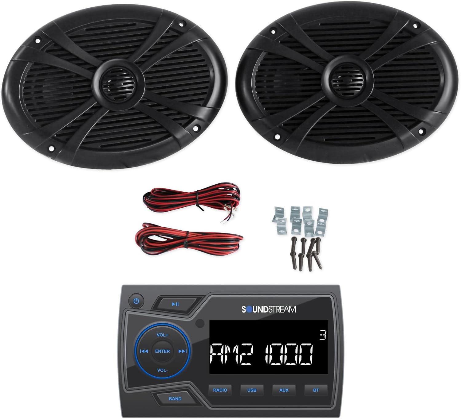 Audiosavings Bundle: Soundstream MHU-32 Marine ATV/UTV Digital Media Receiver Bluetooth/AUX/USB Bundle with Pair Rockville RMSTS69B 6x9 1000w Waterproof Marine Speakers 2-Way Black (2 Items)