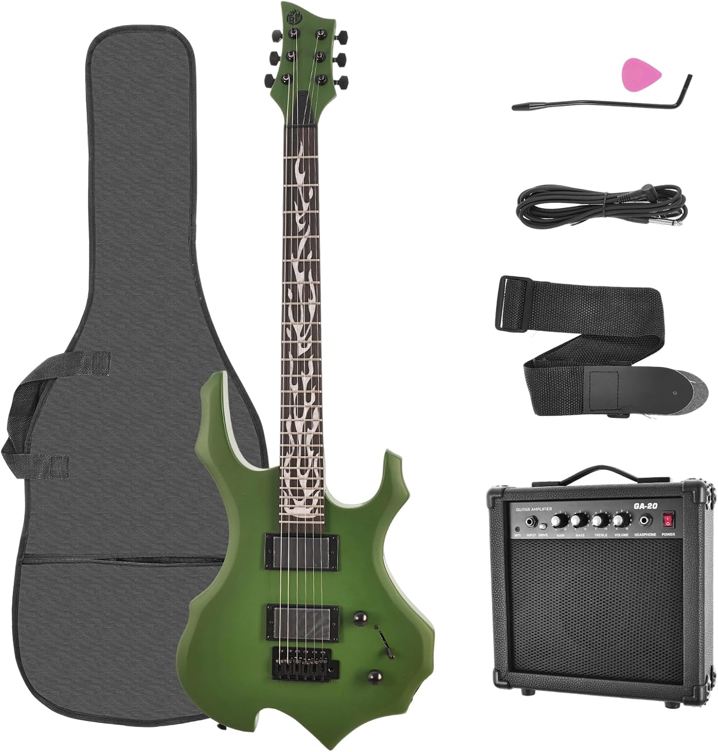 Electric Guitar Full Size Flame Design Set with Guitar Bag, Shoulder Strap, Amp,Tremolo Arm, Cable, Plectrum-Perfect for Beginners & Pros Solid Body Guitar (Olive Green)