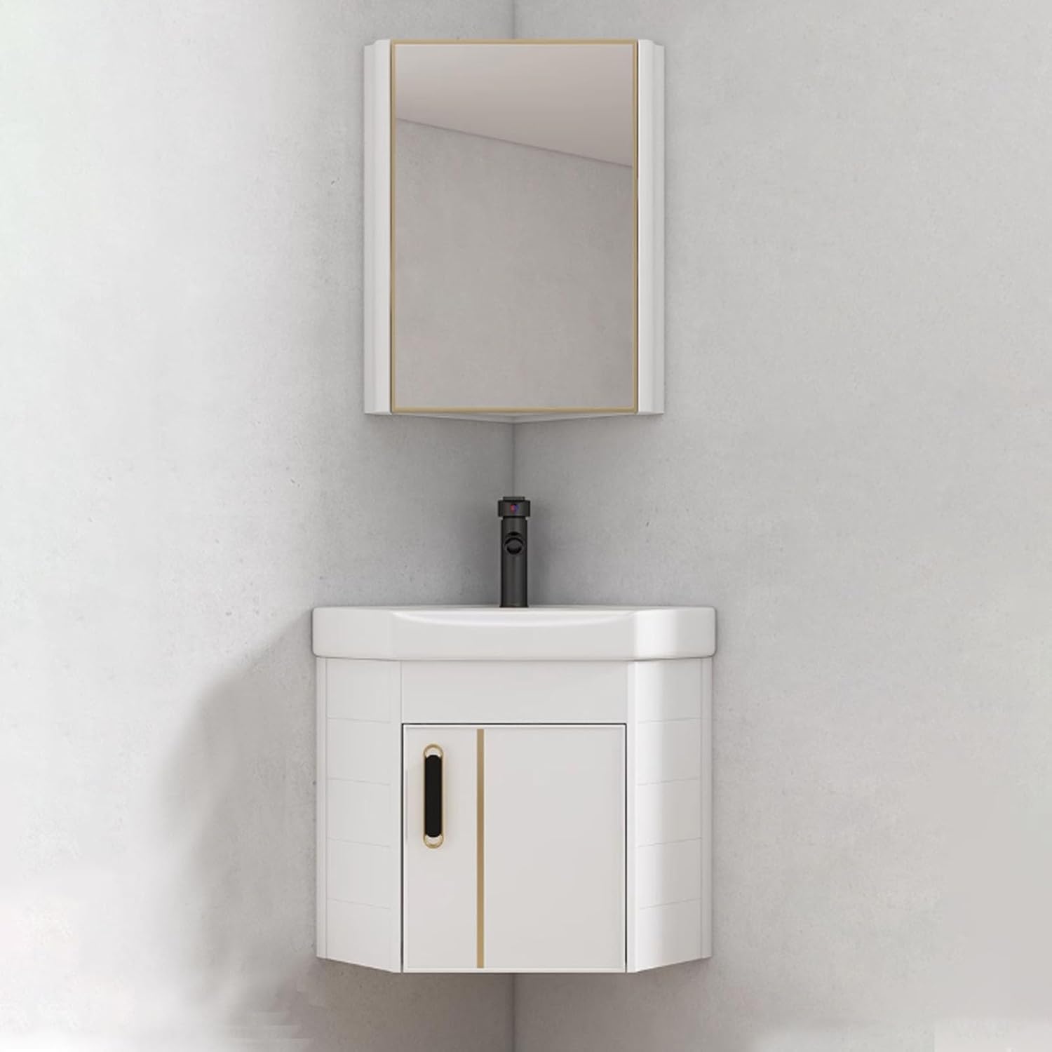 Corner Bathroom Vanity Triangle Ceramic Wall Mount Sink with Storage Space Wall Mount Corner Sink with Mirror, Faucet, Accessories, for Small Space(17in/43cm)