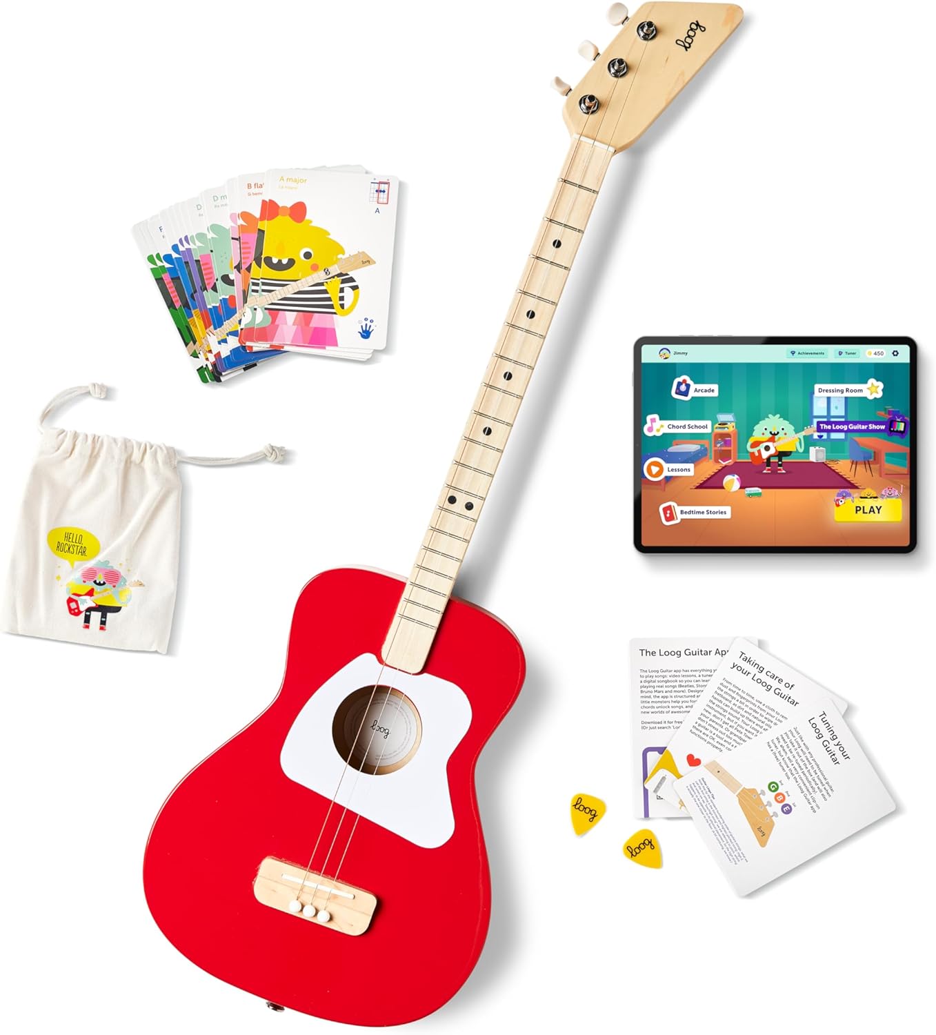 Loog Pro Acoustic kids Guitar 3-strings Ages 6+ Learning App and Lessons Included Red