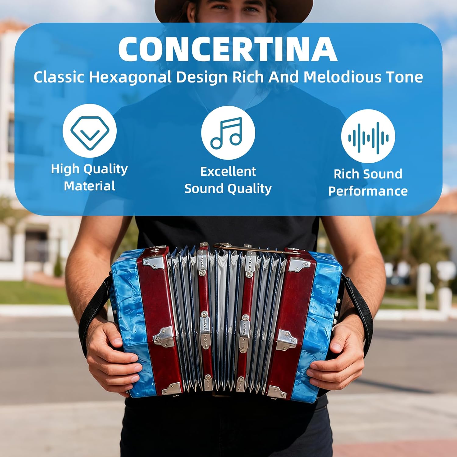Concertinas,20-key accordion for adults, professional accordion for beginners, adjustable hand straps, instrument accessories (BULE-1)