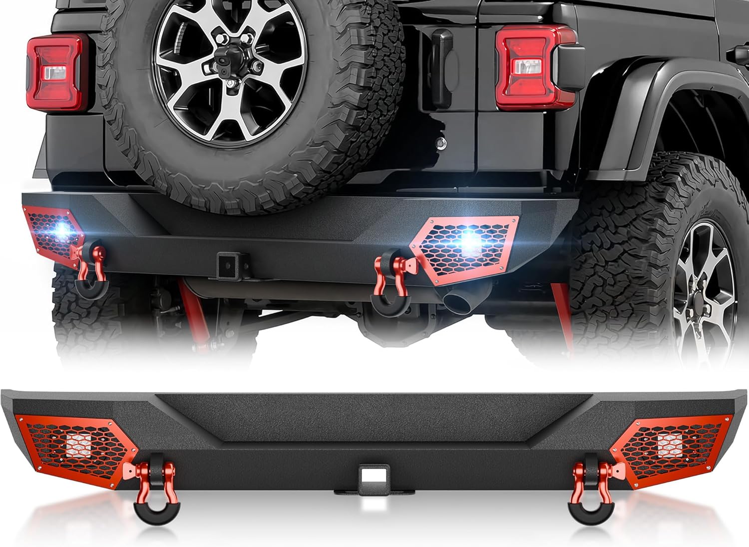 for JL JLU Rear Bumper Compatible with 2018 2019 2020 2021 2022 2023 2024 2025 2026 Jeep Wrangler JL JLU Unlimited (2/4 Doors) with Paintable Armor, 18W LED Lights, 2