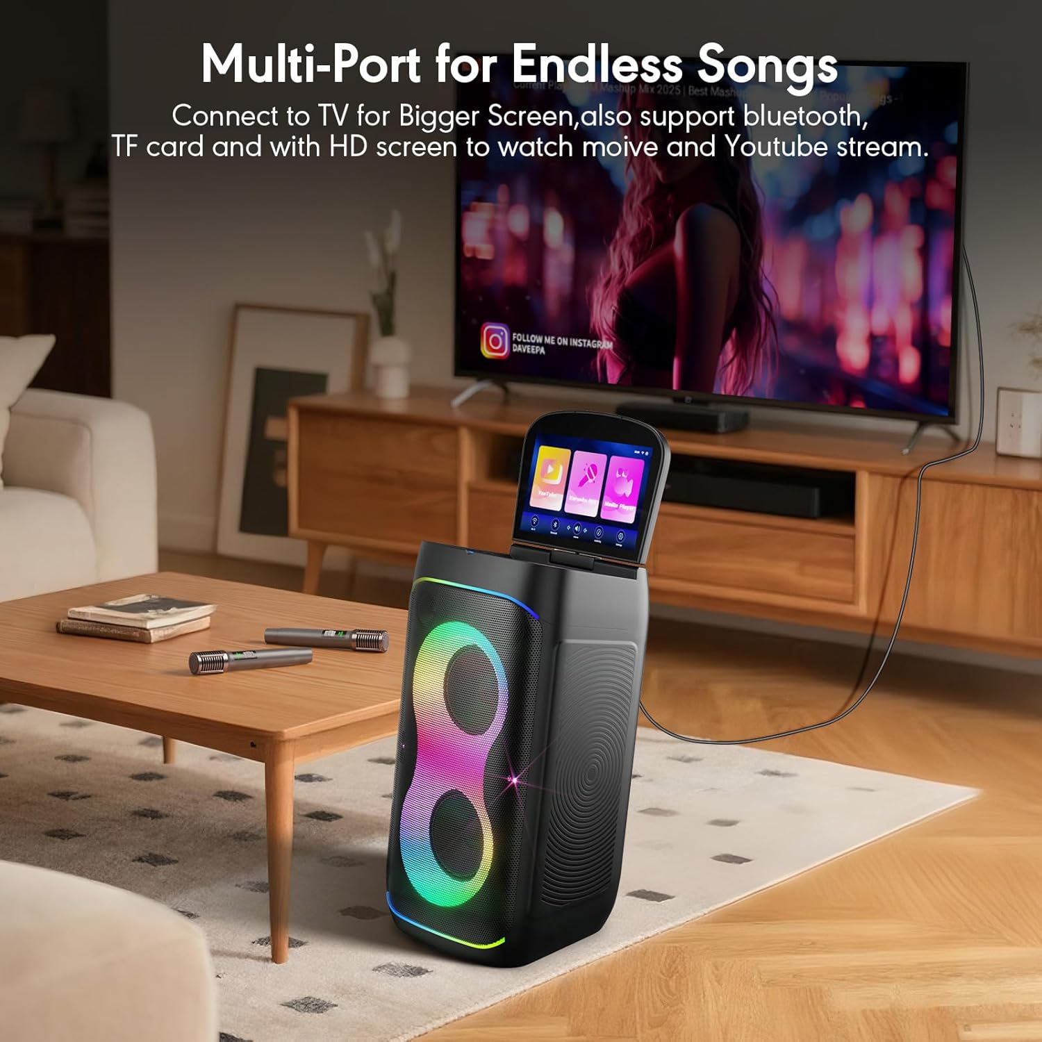 Smart Karaoke Machine with 10.1 Inch Screen, with Lyrics Display, Build-in Karaoke APP, 300W Powerful Speaker, 2 Wireless Microphones, for Family or Friend Party (X1)