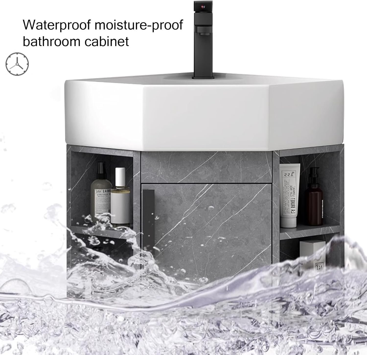 Corner Bathroom Sink Vanity, Ceramic Corner Wall Mount Bathroom Sink, Floating Wash Basin with Storage Container, Corner Vanity wash Basin Sinks(16inchx40cm)