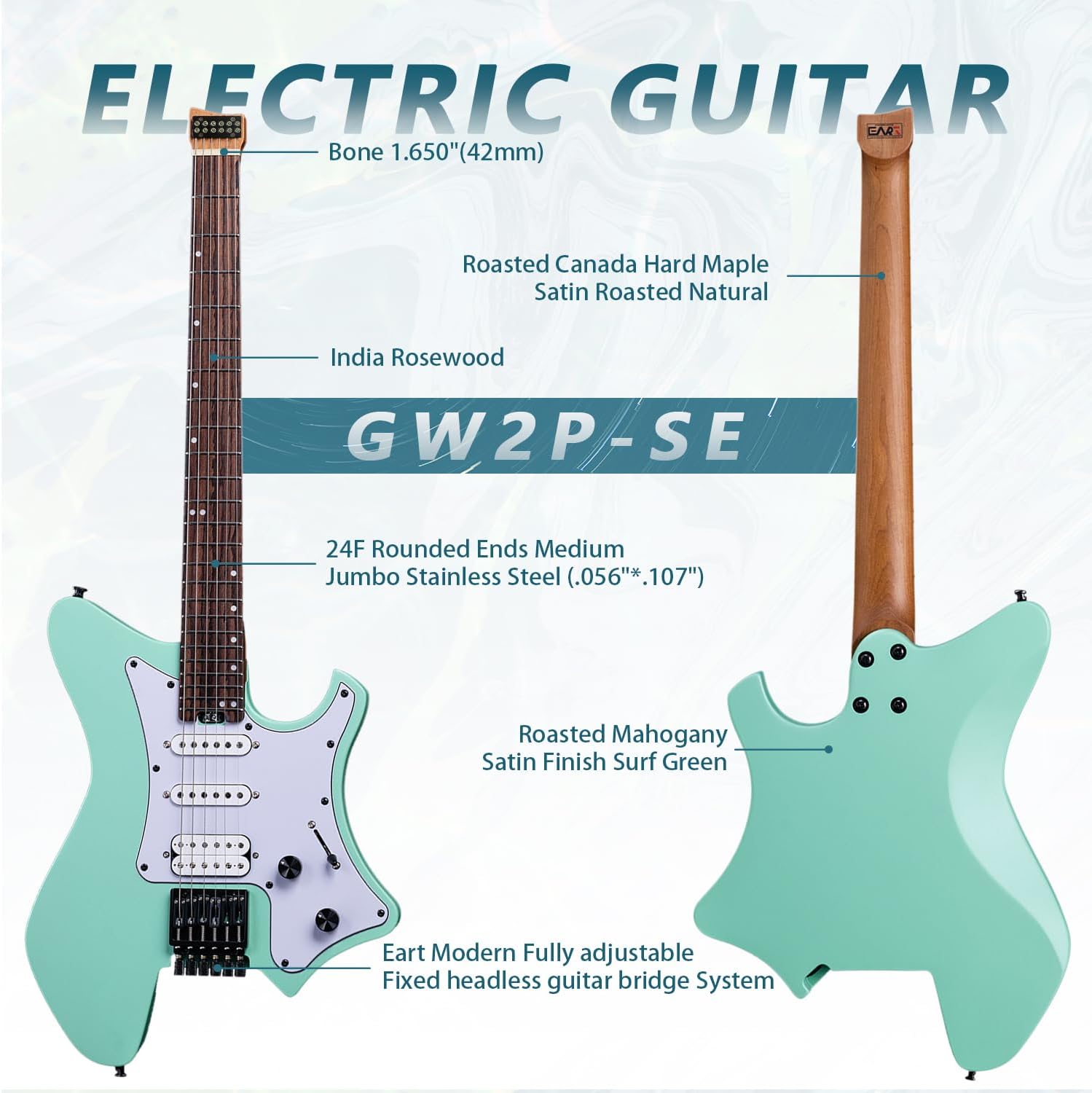 EART GW2P-SE Headless Electric Guitar, Solid Electric Guitar,Carbon-Roasted Hard Maple Neck Fully Adjustable Bridge, Satin Finish