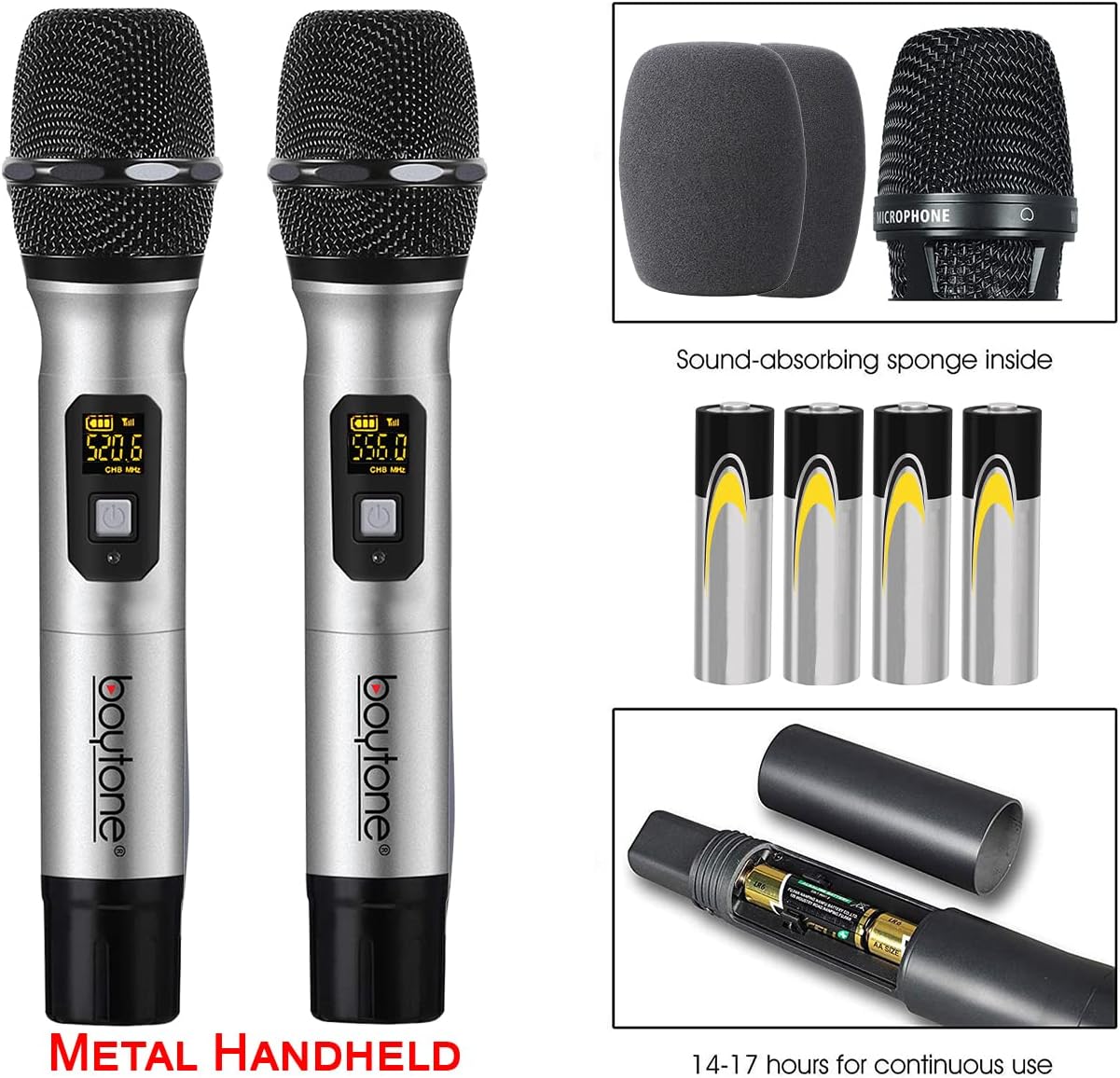 Boytone BT-48UM 100 Channels Wireless Microphone Dual Metal Professional UHF Cordless Dynamic Mic Handheld Microphone System, for DJ, Meeting, Party, Church, Aluminum Carrying Cases, Metal Base