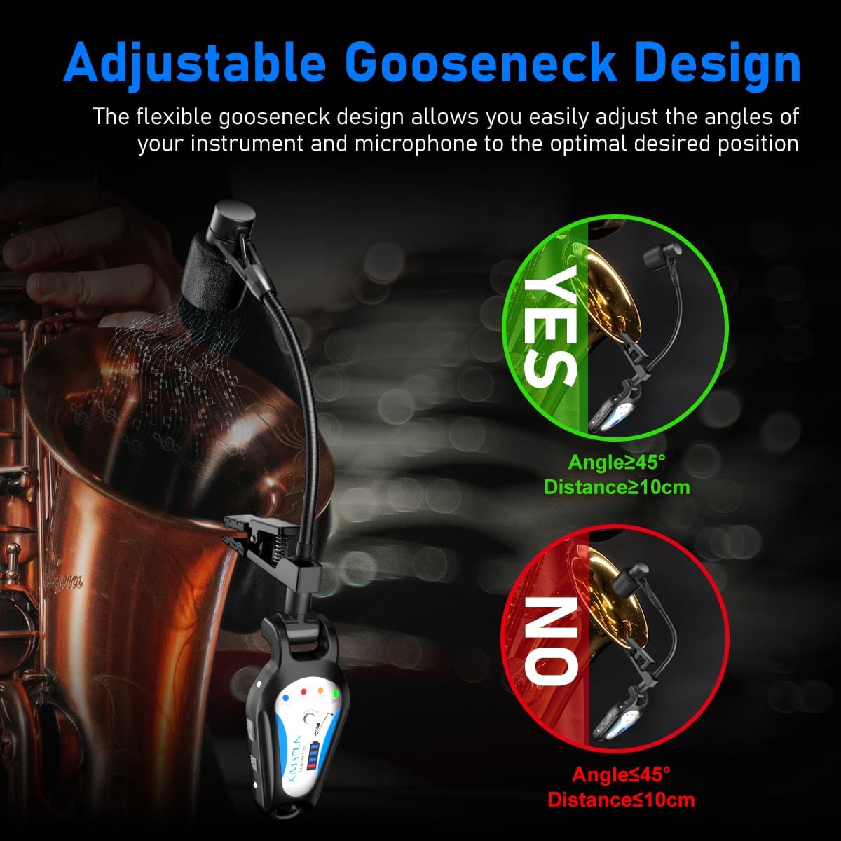 KIMAFUN 2.4G Wireless Saxophone Microphone, Clip-on Instrument Microphone, 100ft Range, Plug and Play, Wireless Transmitter & Receiver for Saxophone, French Horn, Trumpet, Trombone, G120