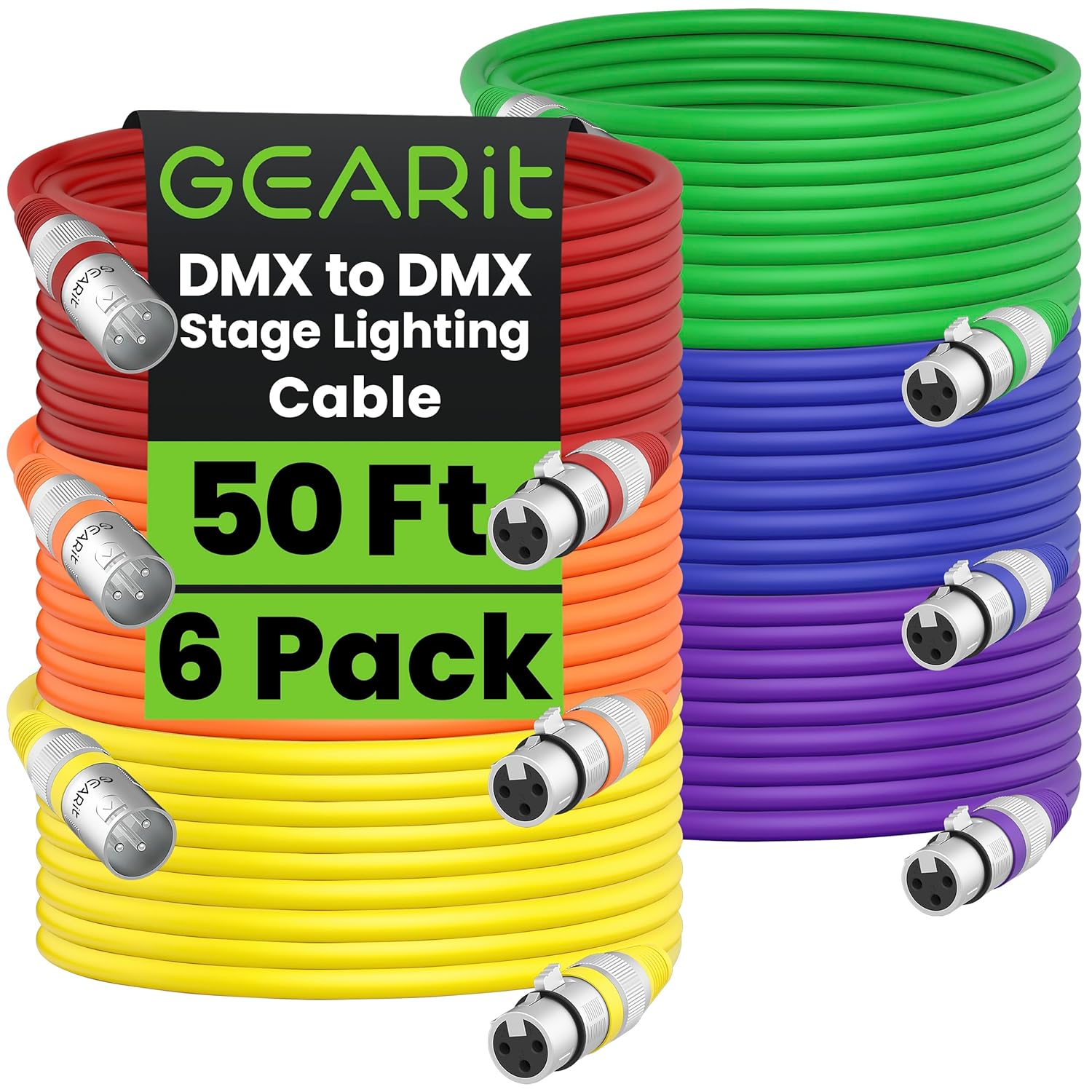 GEARit DMX to DMX Stage Lighting Cable (50 Feet, 6-Pack) DMX Male to Female (XLR Compatible) 3-Pin Balanced Shielded for DJ LED Moving Head Par Light, Mic Mixer, Recording Studio, Podcast - 50ft