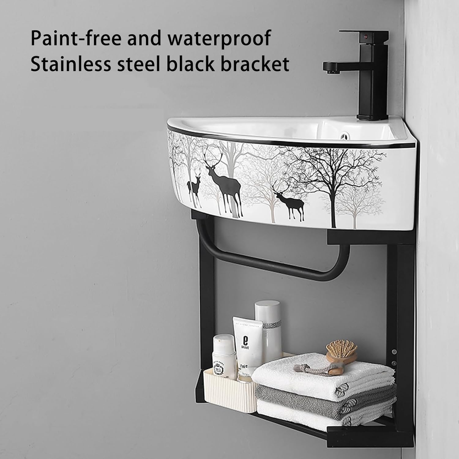 Wall Mount Corner Ceramic Sink Corner Bathroom Vanity Bathroom Sinks with Storage Container Modern Bathroom Storage Cabinet for Small Space Bathroom Cabinet with Faucet and Drain(B)