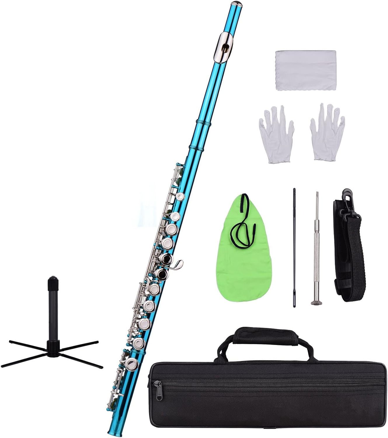 Flute Kit Closed Hole C Flute 16 Keys Cupronickel Nickel- Plated Wind Instrument with Carry Case Flute Stand Gloves Cleaning Cloth Intermediate Flute (Color : Blue Green)