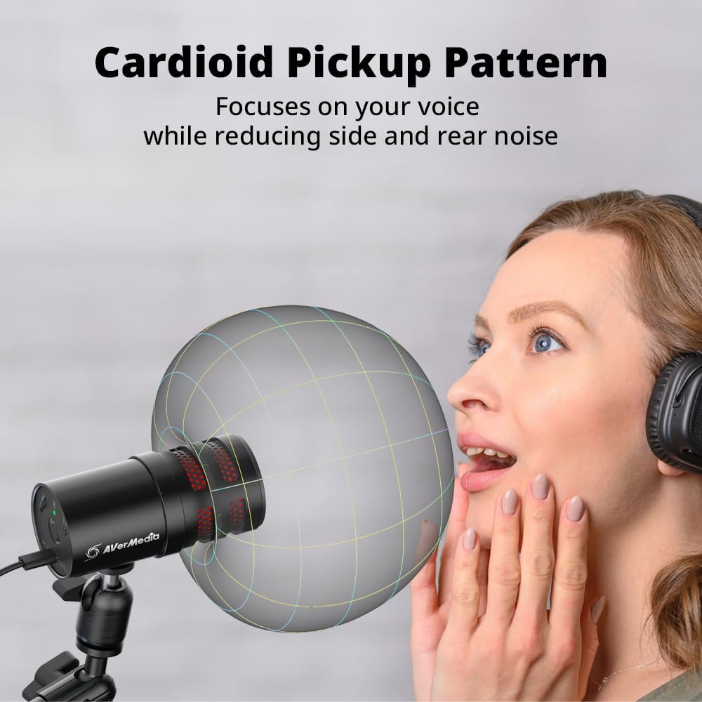AVerMedia USB Mic for Streaming, Podcasting, Gaming with Cardioid Polar Pattern, Tripod Stand, Headphone Output, Mute Button, All Metal, for PC, Laptop, iPhone, and Android Phone - VERSATI go AM310G2