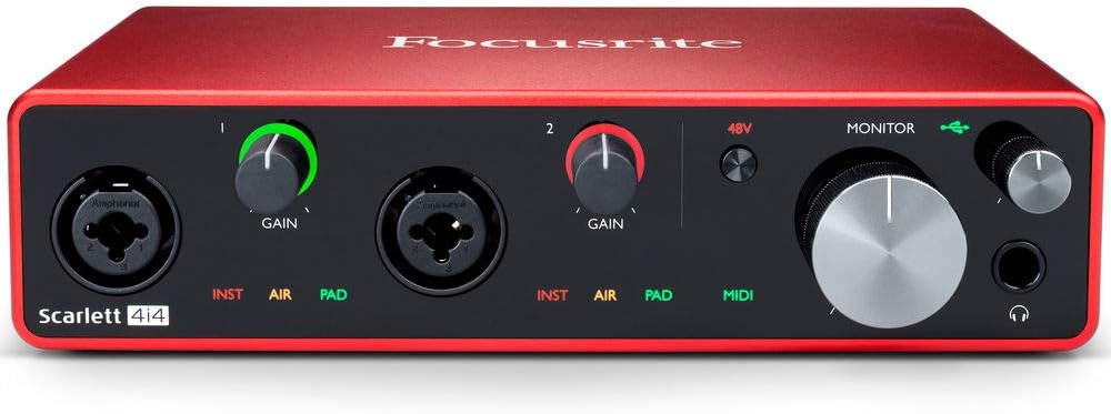 Focusrite Scarlett 4i4 USB Audio/MIDI Interface (3rd Gen) Bundle with Studio Monitor Headphone & 4x XLR-XLR Cable