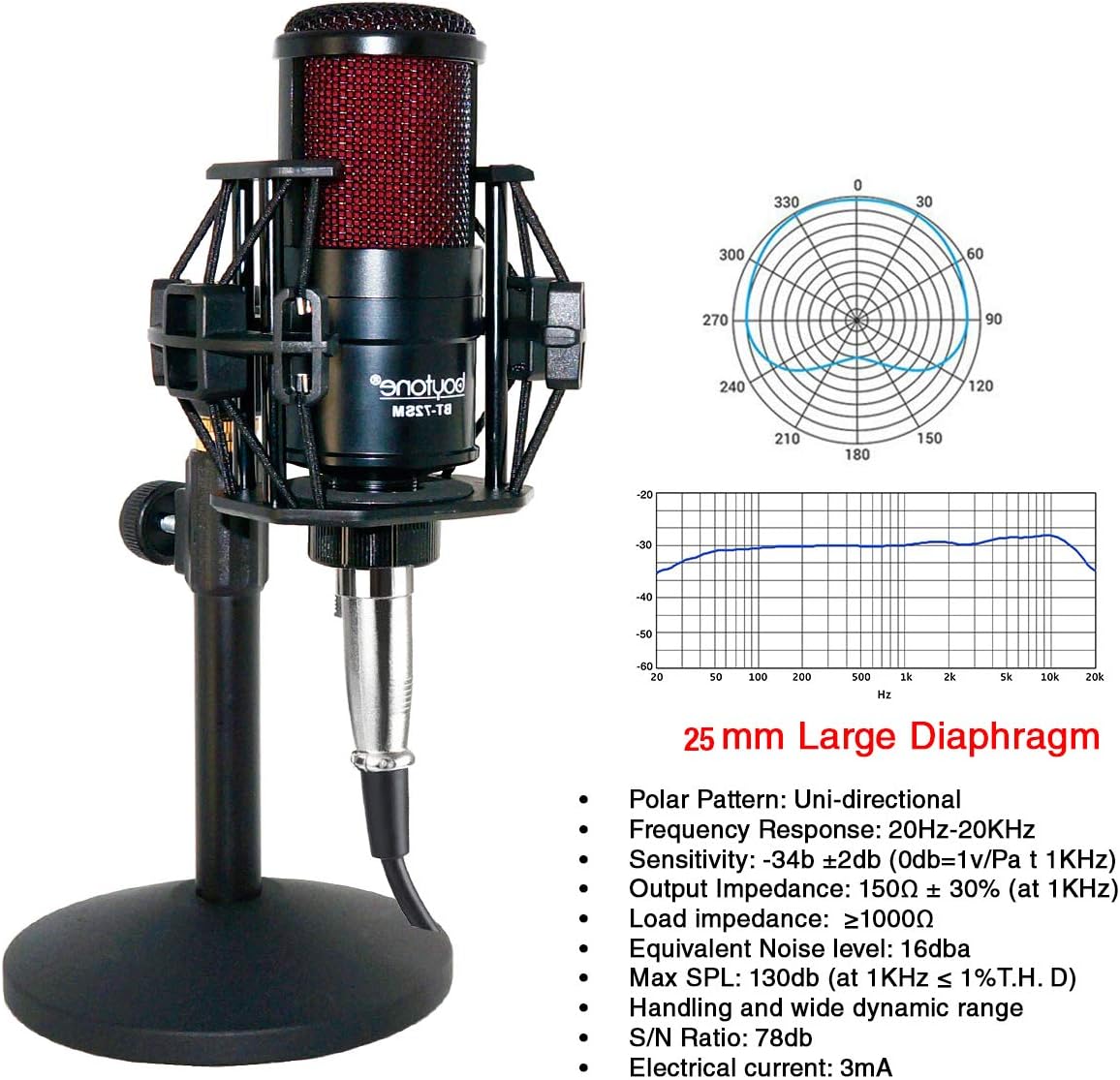 Boytone, Professional Cardioid Studio Recording Mic 25mm Diaphragm USB Microphone Streaming Vocal Recording, Podcasting Condenser Microphone for PC and Mac, Quality Sound (BT-72SM)