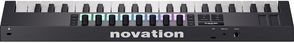 Novation Launchkey Mini 37 MK4 USB MIDI Keyboard Controller (37 Mini Keys) Bundle with Auray FP-P1L Universal Piano-Style Sustain Pedal and Hosa Mid-310 Black 10 ft. Midi cable