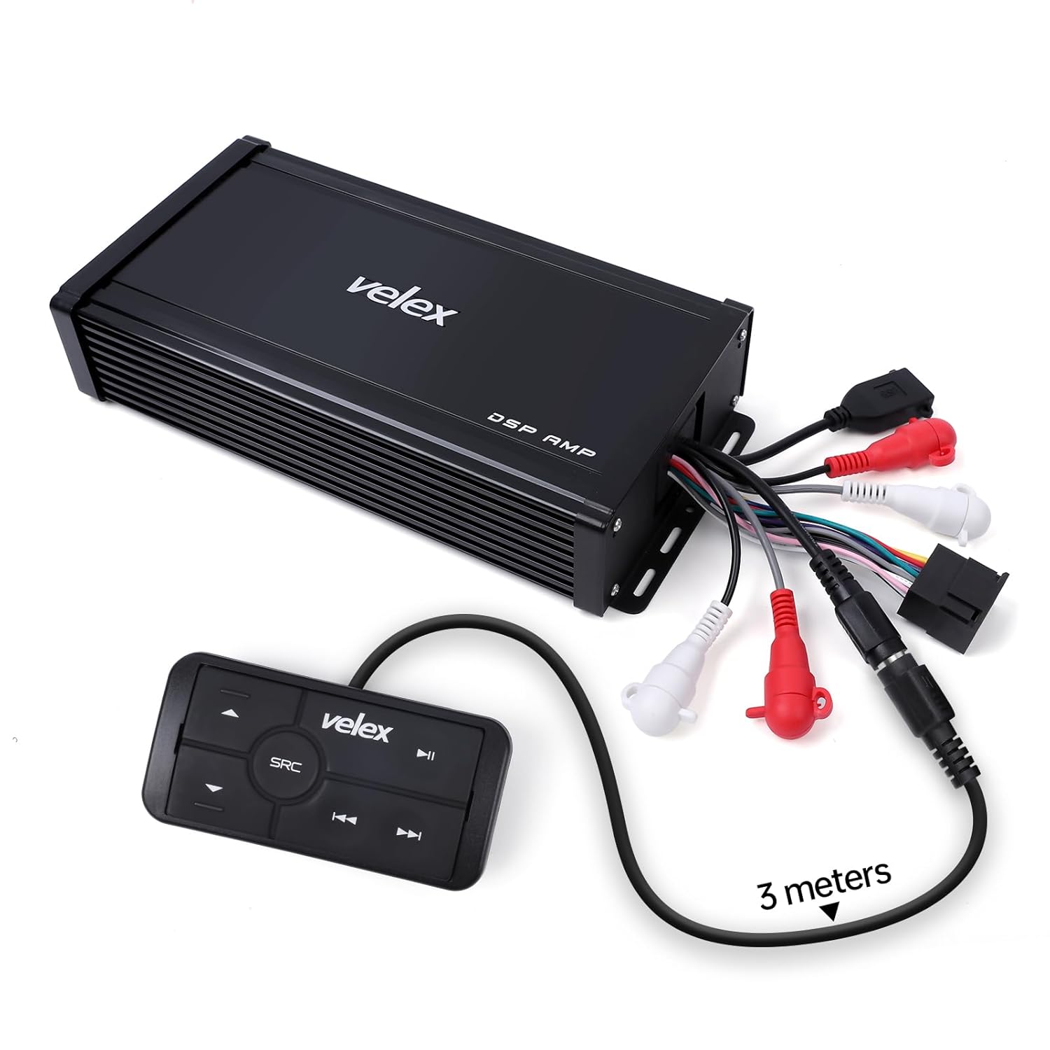 Velex Marine DSP Amp 4-CH Class D Amplifier Bluetooth Streaming 3 Meters Wired Remote Design to Fine Tuning Audio System