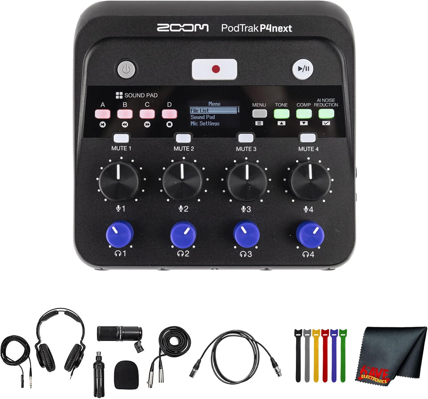 Zoom PodTrak P4next Portable Multitrack Podcast Recorder, 4 XLR Inputs +70 dB Gain, AI Noise Reduction, 48 kHz/24-Bit Recording Bundle with ZDM-1 Podcast Mic Pack, Podcast Microphone, ZHP-1 Headphone