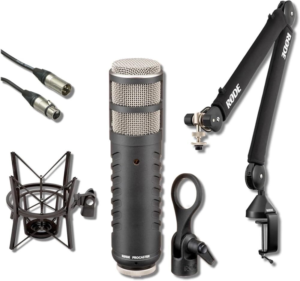 Rode Procaster Cardioid Dynamic Broadcast Microphone with Rode PSA1+ Microphone Boom Arm, PSM1 Shockmount and XLR Cable