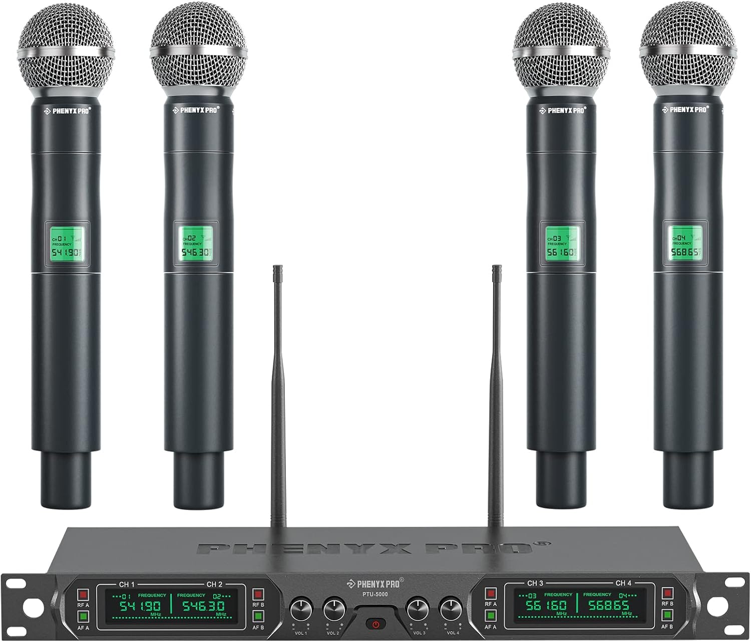 Phenyx Pro Wireless Microphone System, 4-Channel UHF Wireless Mic (PTU-5000-4H) Bundle with 3Ft XLR Snake Cable