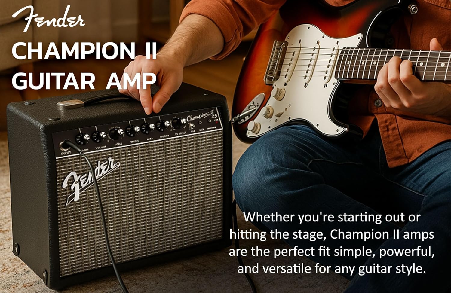 Fender Champion II 25 Watt Guitar Combo Amplifier Bundle with Cable, Austin Bazaar Exclusive 12-Pack Picks, and Instructional Video