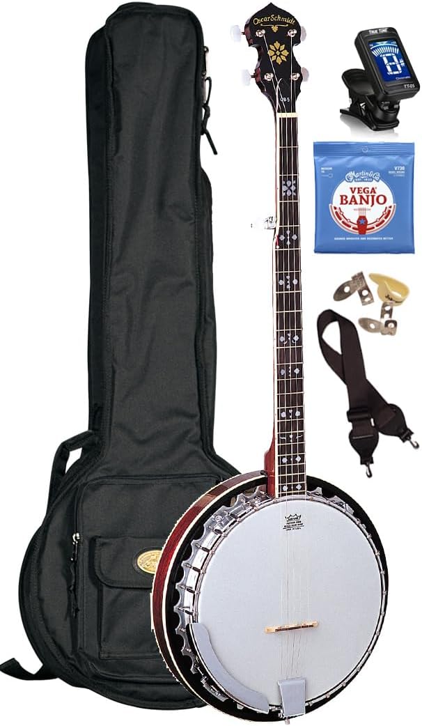 Oscar Schmidt OB5 5-String 30-Bracket Cast Tonering Bluegrass Banjo Package with Deluxe Padded Gig Bag, Strap, Tuner, Stings, Picks