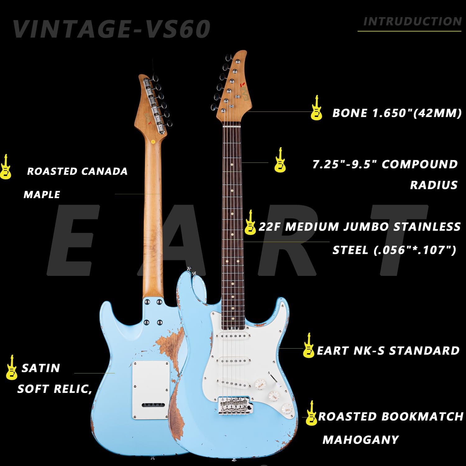 EART Vintage-VS60 6 String Soft Relic Solid-Body Guitar-Full Size Roasted Rosewood Relic Finish VS60 Pickups 6-Point Synchronized Tremolo Bridge Electric Guitar for Blues, Classics,Right Hand
