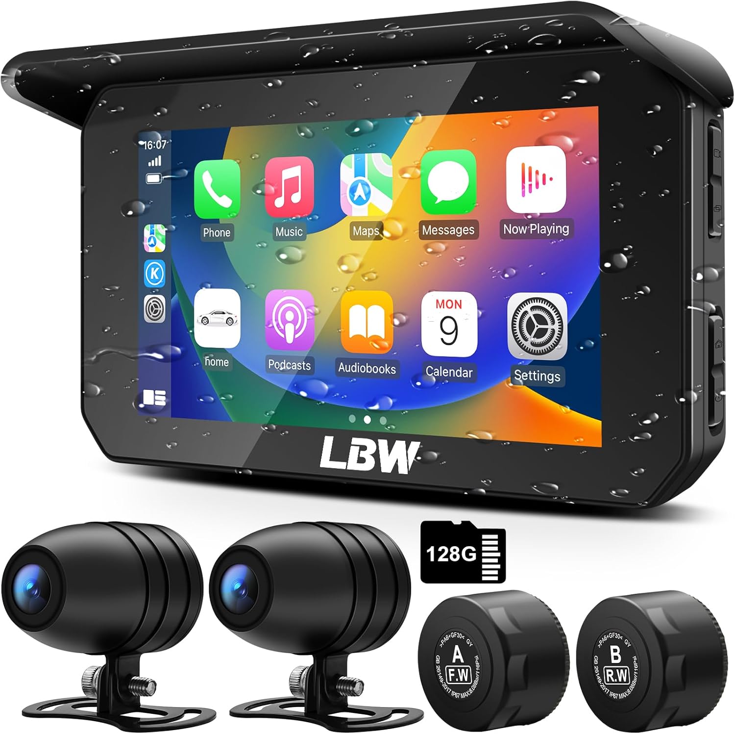 LBW 5'' Motorcycle Carplay with Dash Cam & TPS,Android Auto,Front&Rear HD 1080P Camera (IMX307 Chip),G-Sensor,IPS Motorcycle Touch Screen with DVR,Support Bluetooth Siri,Includes 128G SD Card