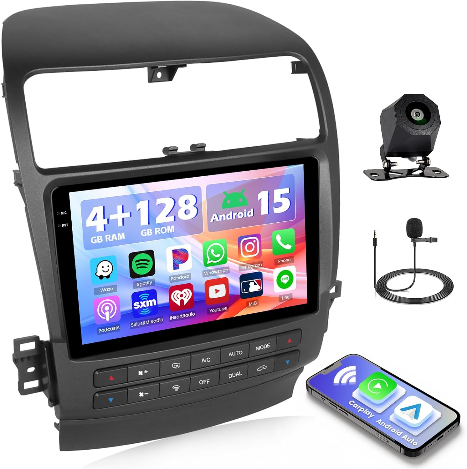 Hikity 4+128G Android Car Stereo for Acura TSX 2003-2008, 9” Incell Touchscreen Radio with CarPlay, Android Auto, Bluetooth, GPS Navigation, WiFi, FM, RDS + AHD Backup Camera