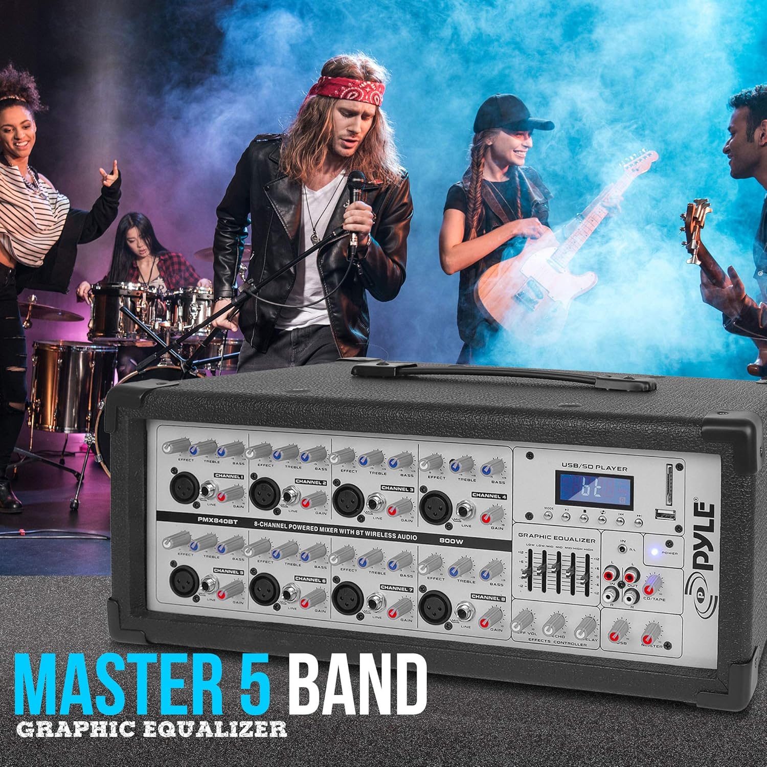 Pyle 800W Powered Stage Mixer with Bluetooth - 8 Channel Pro Audio Sound System w/ USB-A MP3 SD Card Player - RCA/1/4” Effects Loop - Aux Input - Digital LCD Display - Built-in Cooling Fan - PMX840BT