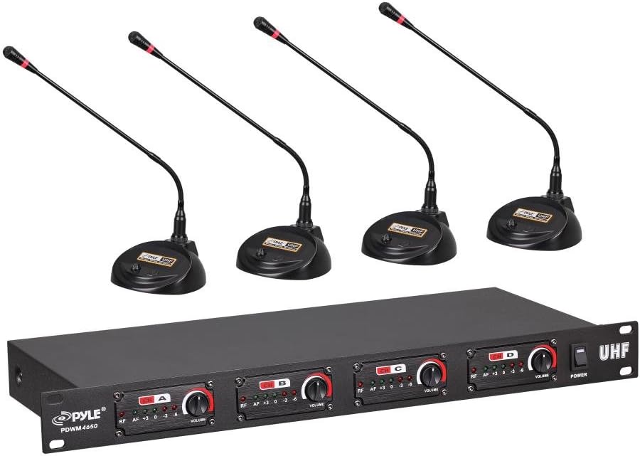 Pyle 4 Channel Wireless Microphone System - Professional Rack Mount UHF Receiver and Cable Free Desktop Transmitter Mic Set w/ Mesh Head, Volume Controls, AF / RF Signal Indicators, XLR