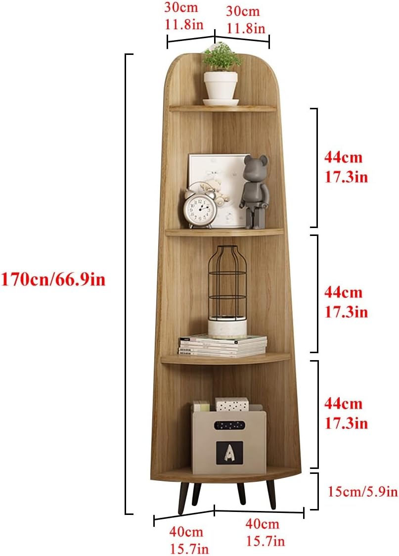 Standing Corner Shelf 4 Tier, Narrow Bookshelf Wooden Shelving Unit for Living Room Bedroom Office, Storage Shelves Ladder Shelf Retro Corner Cabinet (Original Wood One Size)