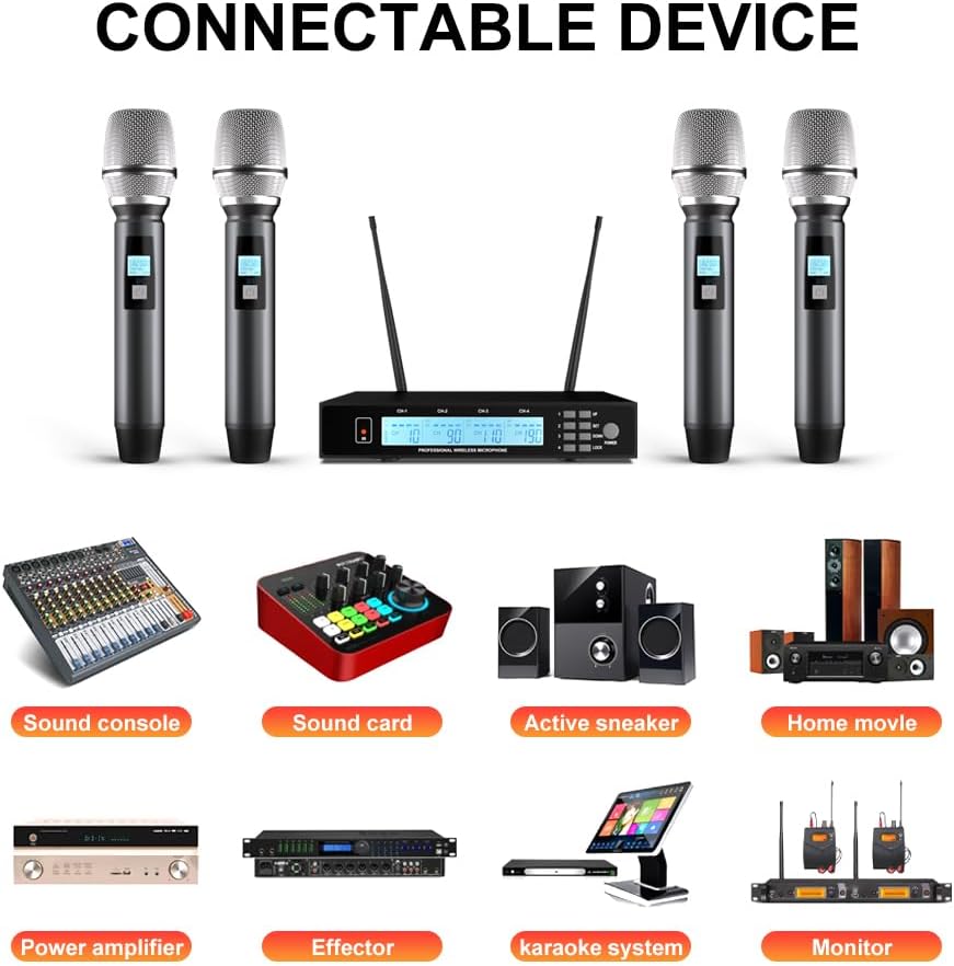 4-Channel UHF Wireless Mic System, Adjustable Frequency, 4 Metal Moving Coil Handheld Mics, 160ft Range, for Church, KTV, Events