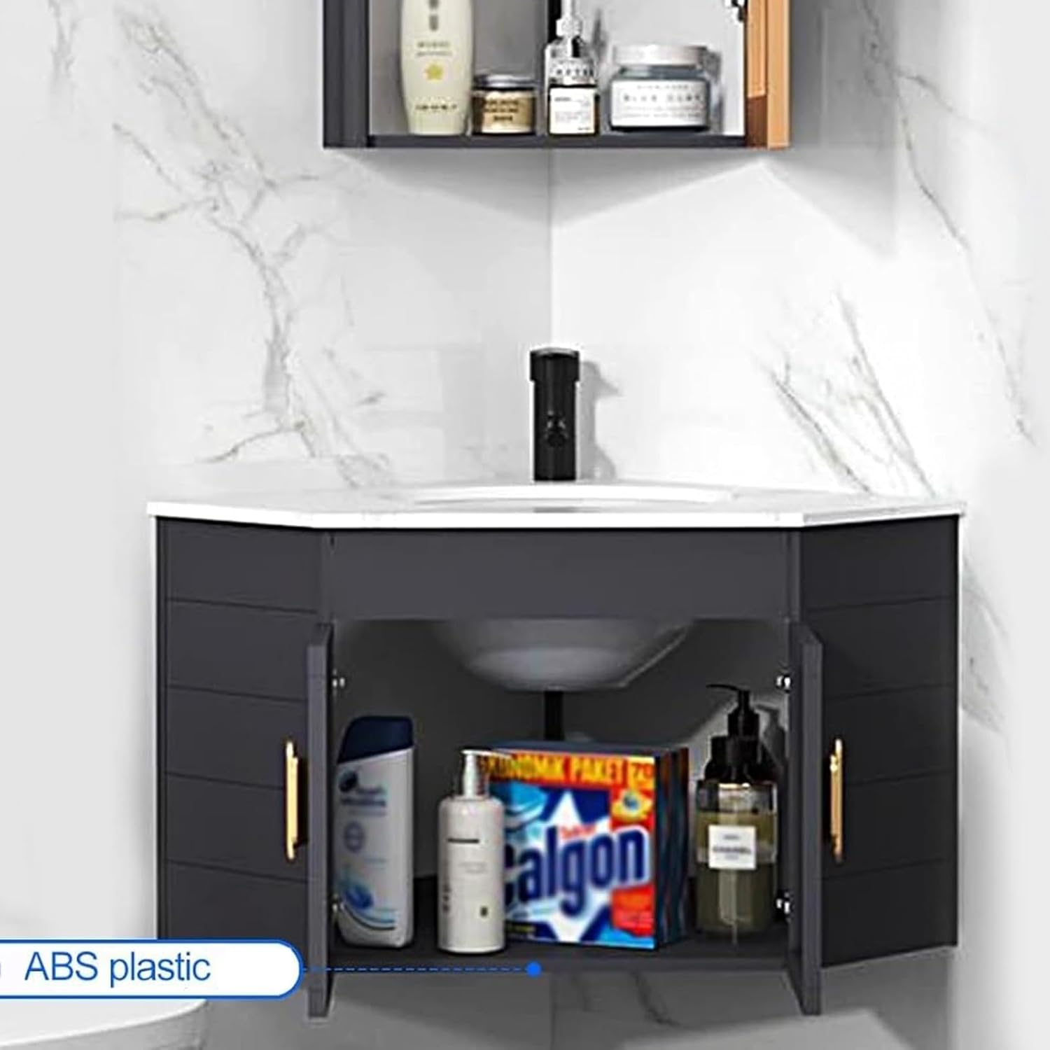 Corner Bathroom Vanity Cabinet with Sink, Wall Mount Bathroom Sink for Small Space, Utility Washing Hand Basin Design, for Home Kitchen Patio Room(Size:Black White)