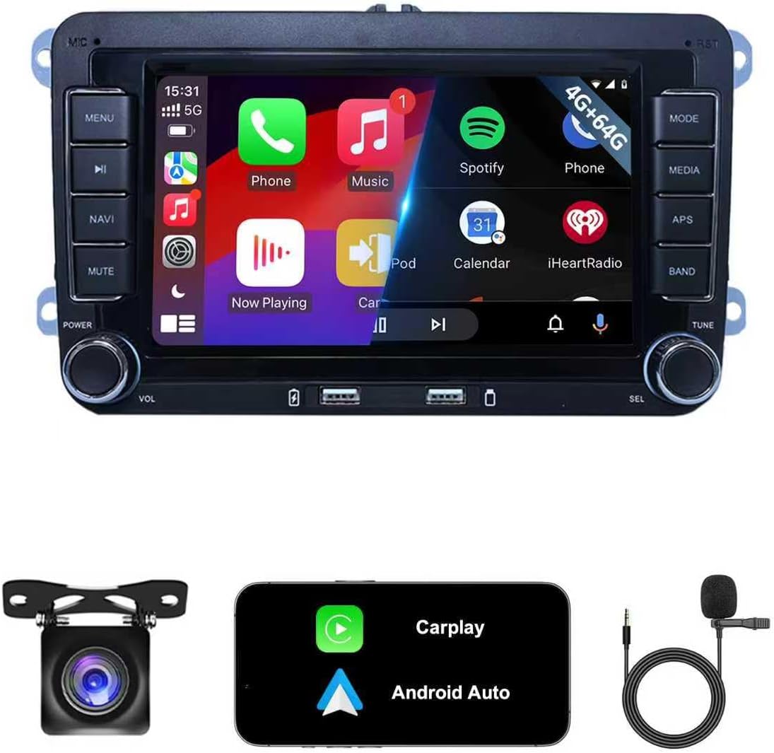 4G+64G Android13 7 Inch IPS Screen Wireless Apple CarPlay Android Auto Car Stereo for VW Jetta Seat Passat Tiguan CC Golf Skoda Radio with FM AM RDS BT GPS WiFi SWC Backup Camera MIC