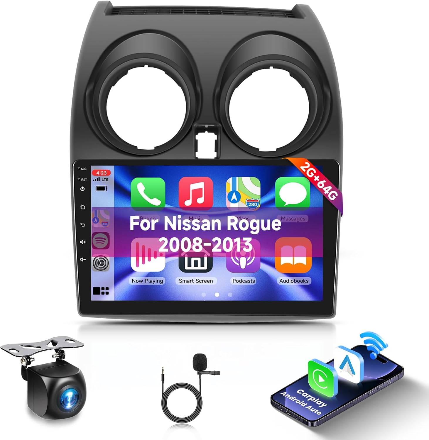 2G 64G Radio for Nissan Rogue Qashqai 2006-2013 J-B-L Car Stereo with Wireless Carplay Android Auto,9inch 1080P HD IPS Touchscreen Bluetooth 28UIs 16EQ GPS RDS/FM Radio WiFi MirrorLink Backup Camera